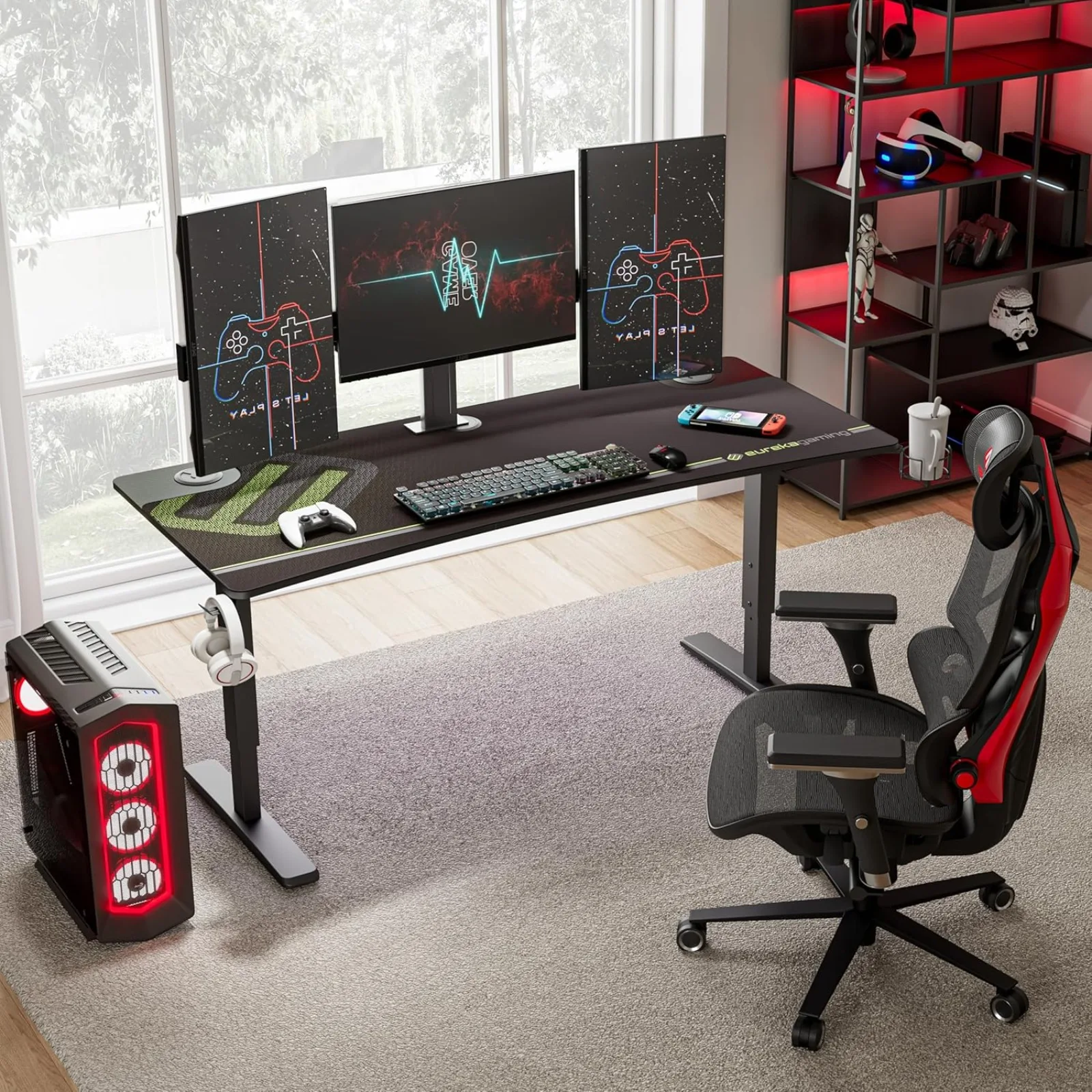 US 63 Inch Computer Desk Large Manual Height Adjustable Gaming Desk, Home Office Studio Table Dual