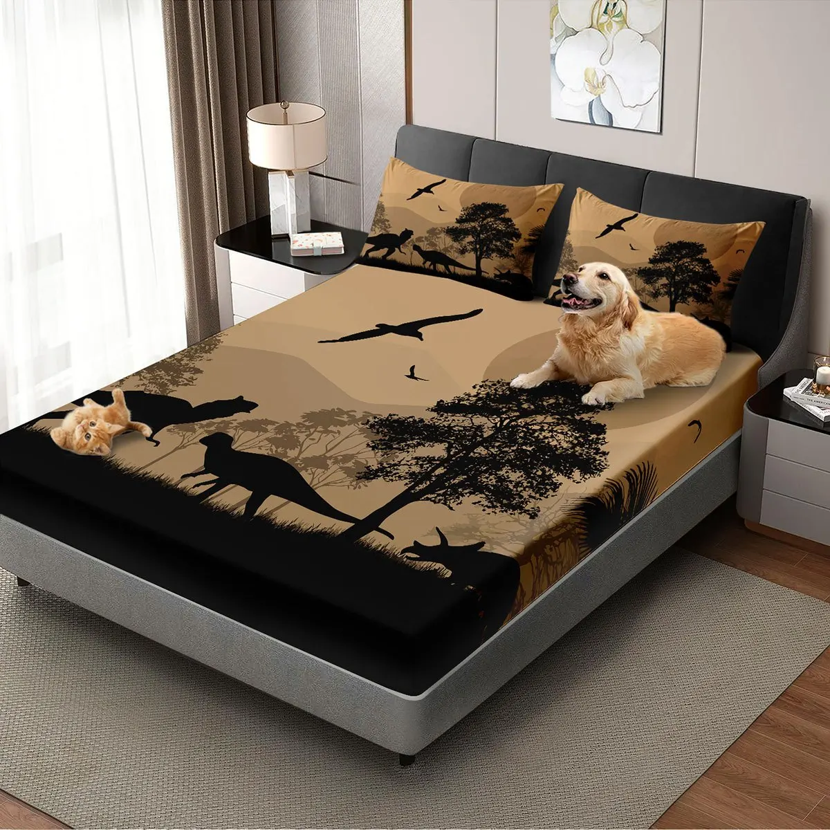 Jurassic Dinosaur Mattress Protector Mattress Cover Breathable Polyester Material (Includes 1 Fitted Sheet + 2 Pillowcases) Mattress Protector Fitted Elastic Style Protective Cover Mattress Protector, Fitted Bedding Christmas Themed Bedding Baby Bedding Suitable for Nursery Room
