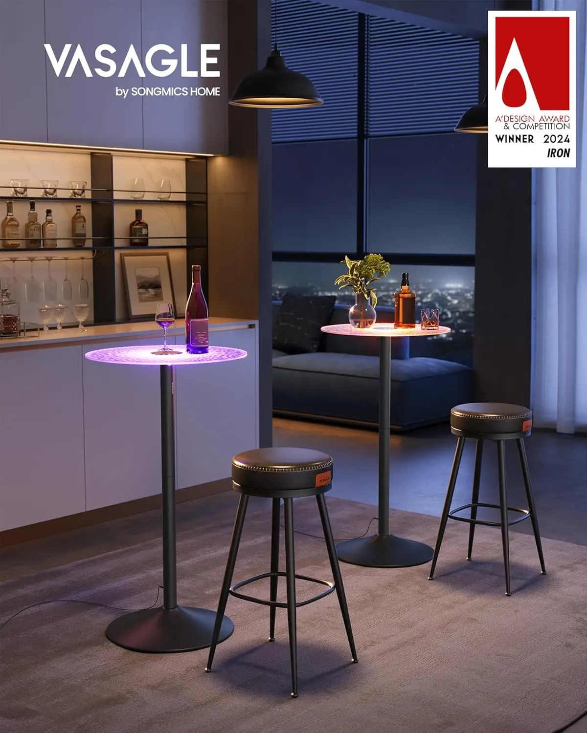 Round Cocktail Table with Multi-Colored Lights and Glass Top, Large Steel Base, 41.3 Inches Tall Pub Table for Kitchen, Bistro