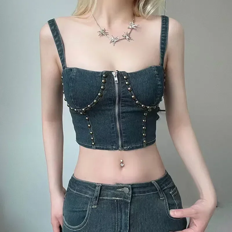 American Vintage Rivet Chest Zipper Denim Strap Tank Top Women's Short Versatile Spicy Girls Top