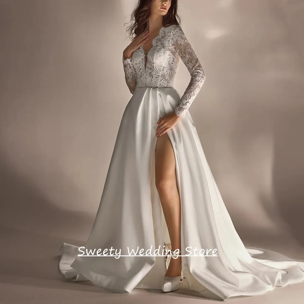Bride Modern Wedding Dress Customized Long Sleeves V Neck Applique Beading Belt High Slit Sweep Train A Line Bridal Gown