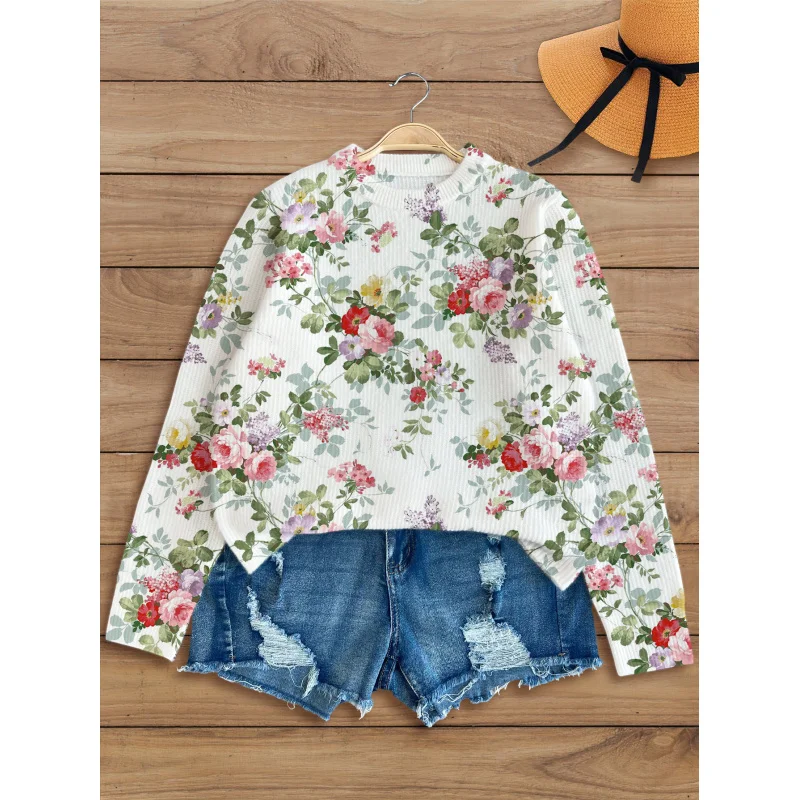 

Flowers by the Numbers Print Girl Sweater Knit Pullover Warm Soft Loose Crew Neck Long Sleeve Autumn Winter Casual