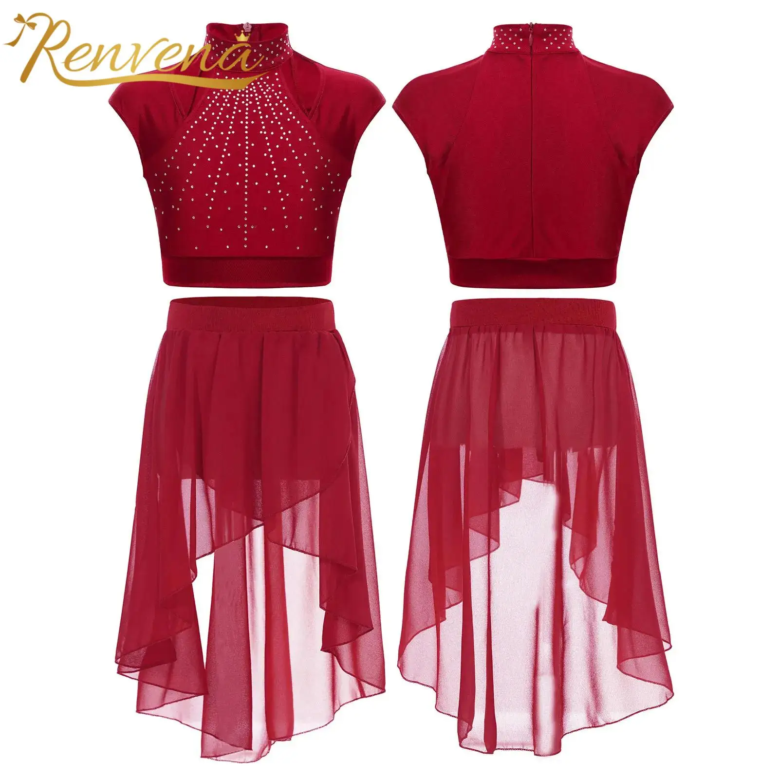 Children Modern Lyrical Dance Costumes Girl Ice Figure Skating Outfit Chiffon Dancewear Sets Children Ballet Gymnastics Sets