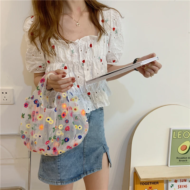 

Korean Sle Embroidered Fairy Bag Floral Net op Handbag Simple Beach Tote Bag for Students Cute Nylon Material Soft Bag