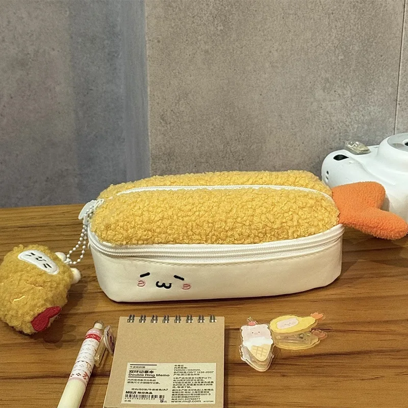 Estuche para lápices de felpa con gambas fritas, estuche para lápices creativo de alto valor para estudiantes, estuche doble para lápices, regalo de dibujos animados