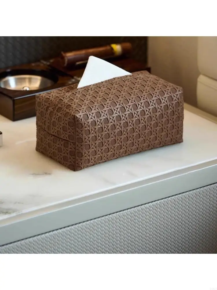 Multipurpose PU Leather Tissue Box Cover Rattan Weave Waterproof Easy Cleaning for Household Automotive Office Use 