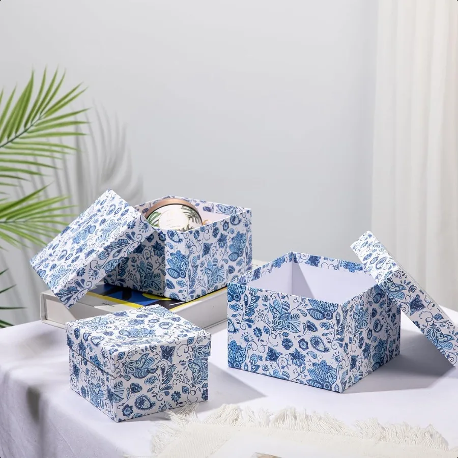 Square Gift Boxes with Lids 4PCS Blue Flower Print Gift Box for Presents Nesting Assorted Sizes Present Boxes for Christmas Bir