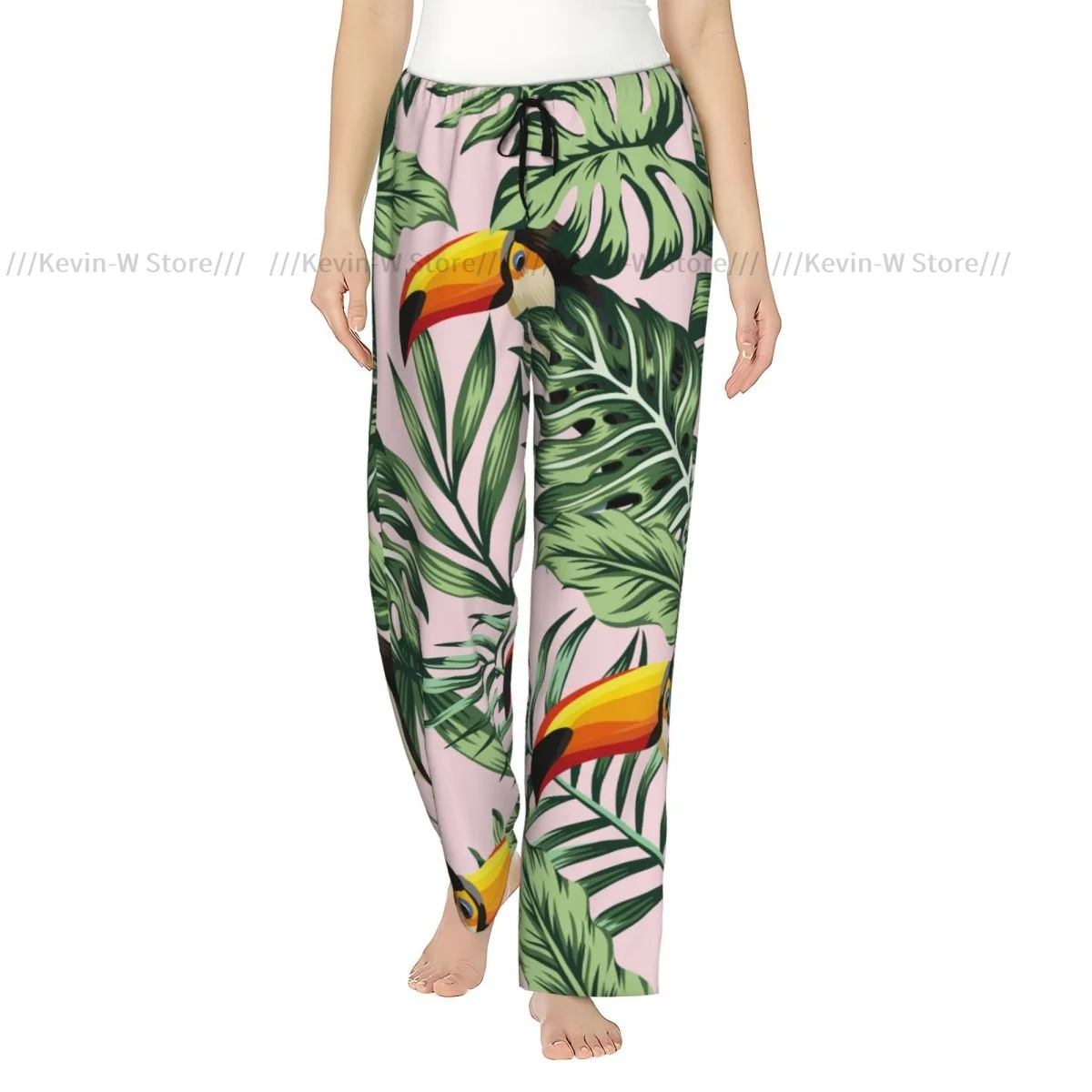 

Women Exotic Tropical Green Jungle Palm Monstera Leaves Bird Toucan Flannel Pajama Pants Soft Warm Sleep Cozy Winter Loungewear