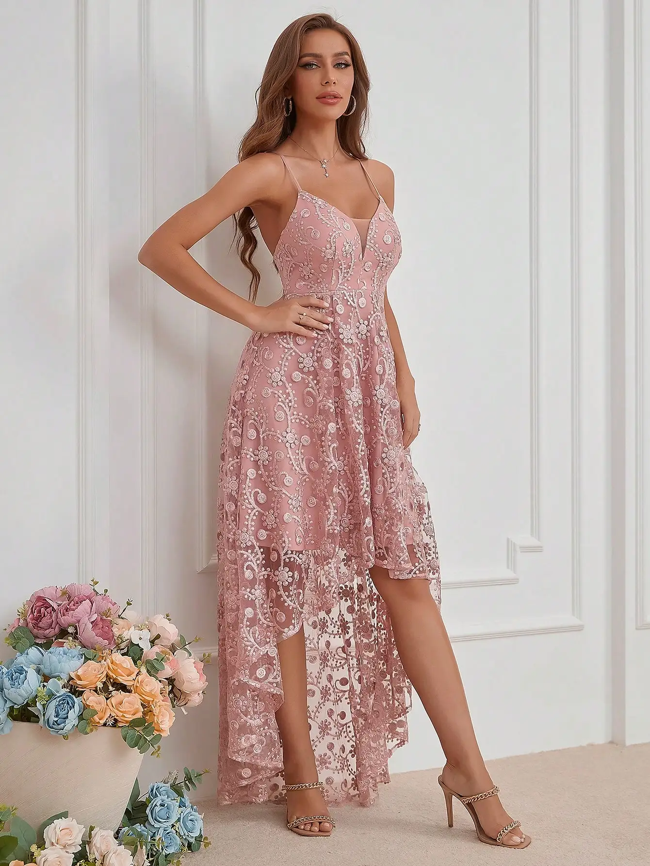 Unithorse V-neck halter floral lace bridesmaid dress elegant ladies evening dress