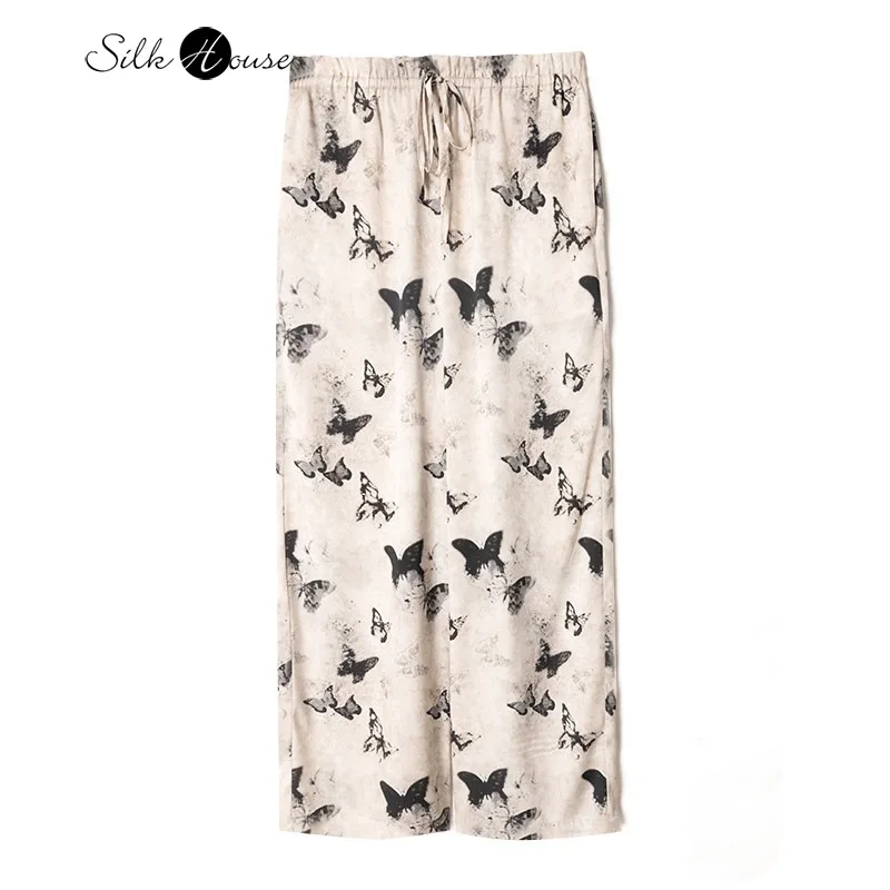 

2026 Women's Spring/Autumn New 92%Natural Mulberry Silk Elastic Double Qiao Satin Ink Butterfly Printed Loose Strap Casual Pants