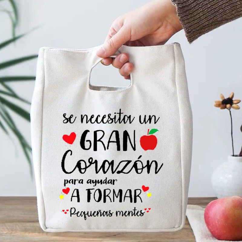 

It's Takes A Big Heart To Shape Little Minds Print Spanish Cooler Lunch Bags Insulated Thermal Food School Food Storage Bag Gift