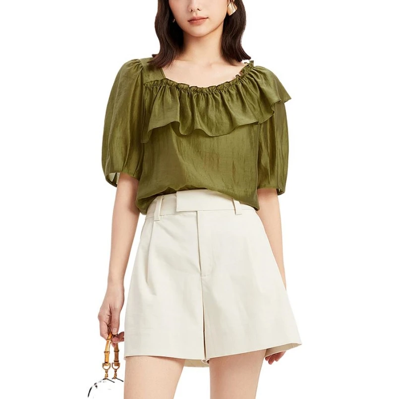 Tian Si Solid Color Casual Shirt Women's Bevel Ruffled Collar Bubble Sleeve Medium Sleeve Shirt Sweet Short Sleeve ropa de mujer