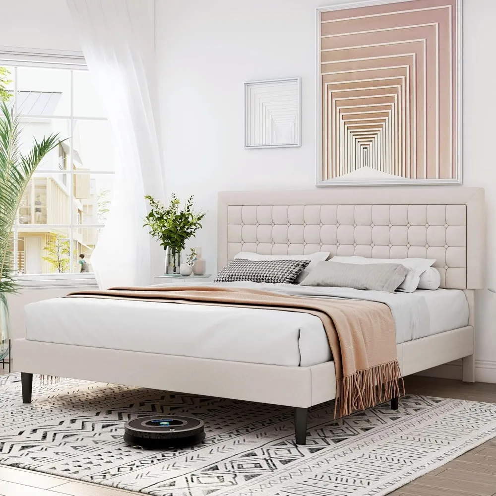 Queen Size Bed Frame, Queen Modern Soft Linen Upholstered Platform Bed with Button Tufted Adjustable Headboard /No Noise image 5