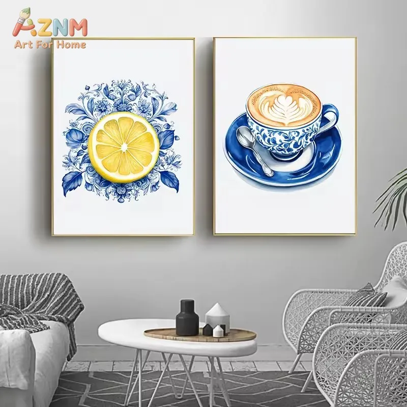 AZNM Blue White Porcelain Food Canvas Print Fries Burger Croissant Latte Waffle Minimalist Kitchen Cafe Watercolor Wall Poster U