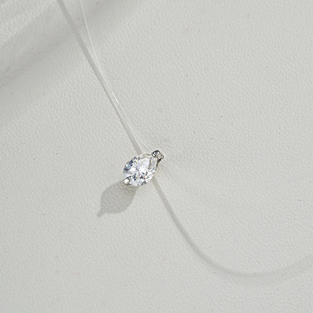 New transparent fishing line silver pendant necklace, water drop moissanite collarbone chain, mermaid tears necklace