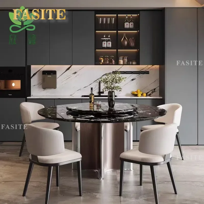 For Italian Style Natural Marble Round Dining Table with Turntable Light Luxury High End Household Furniture Set with Chairs