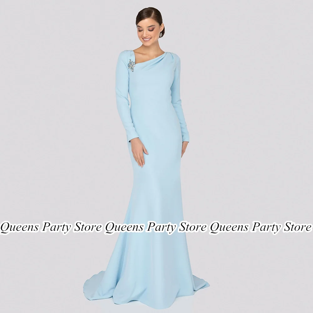 

Mermaid Wedding Guest Gown Evening Party Dresses Long Sleeves Sweep Train Jersey Stretch Simple Mother of The Bride Dress