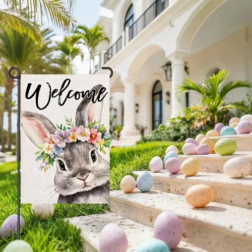 Easter Bunny Welcome Garden Flag 12x18 Small Double Sided Yard Sign with Floral XXM