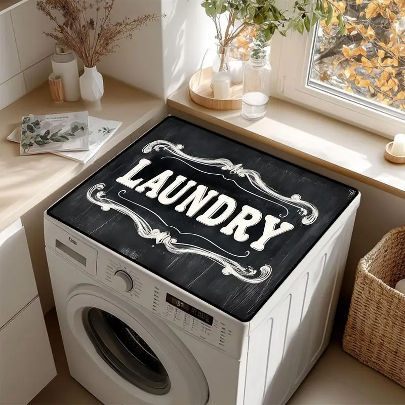 VIKAMA Black Chalkboard LAUNDRY Text Washing Machine Top Mat White Ornate Frame Minimalist Absorbent Dustproof Laundry Bathroom