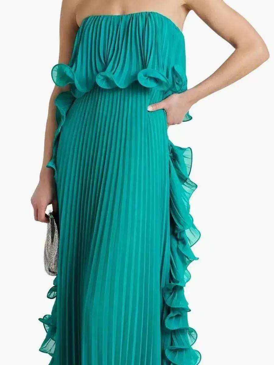 女性の夏の休日のドレスオレンジプリーツシフォンロングフォーマルドレスカスタムメイドフリルストラップレスビーチパーティードレス U99Z