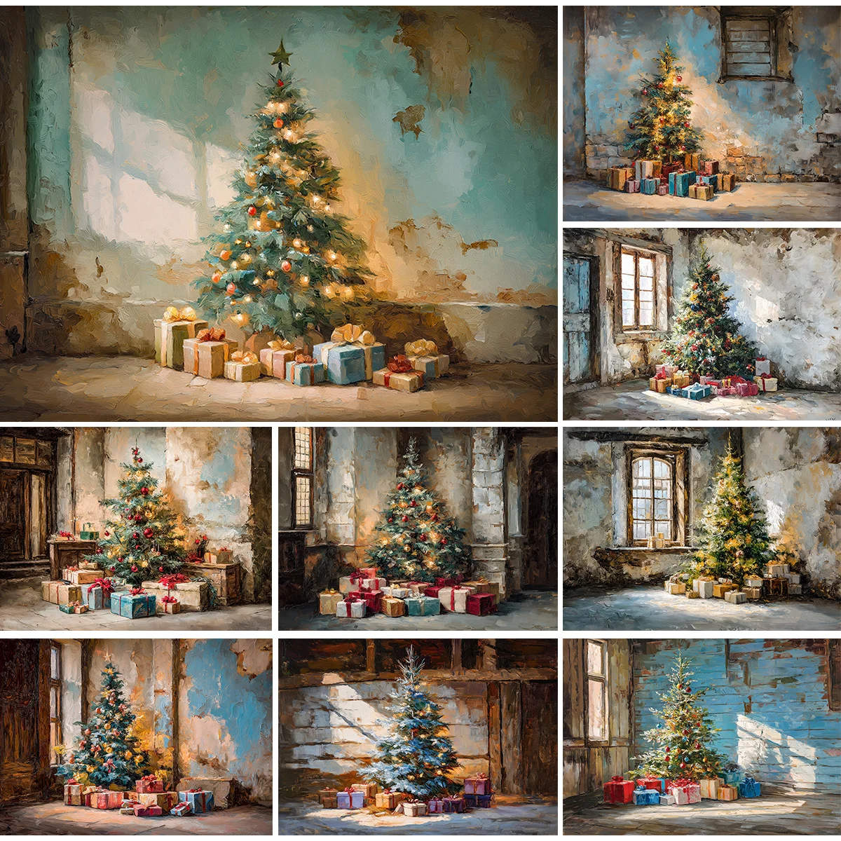 Pintura al óleo árbol de Navidad con regalos fotografía telón de fondo niños bebé pastel Smash Photocall estudio fondos
