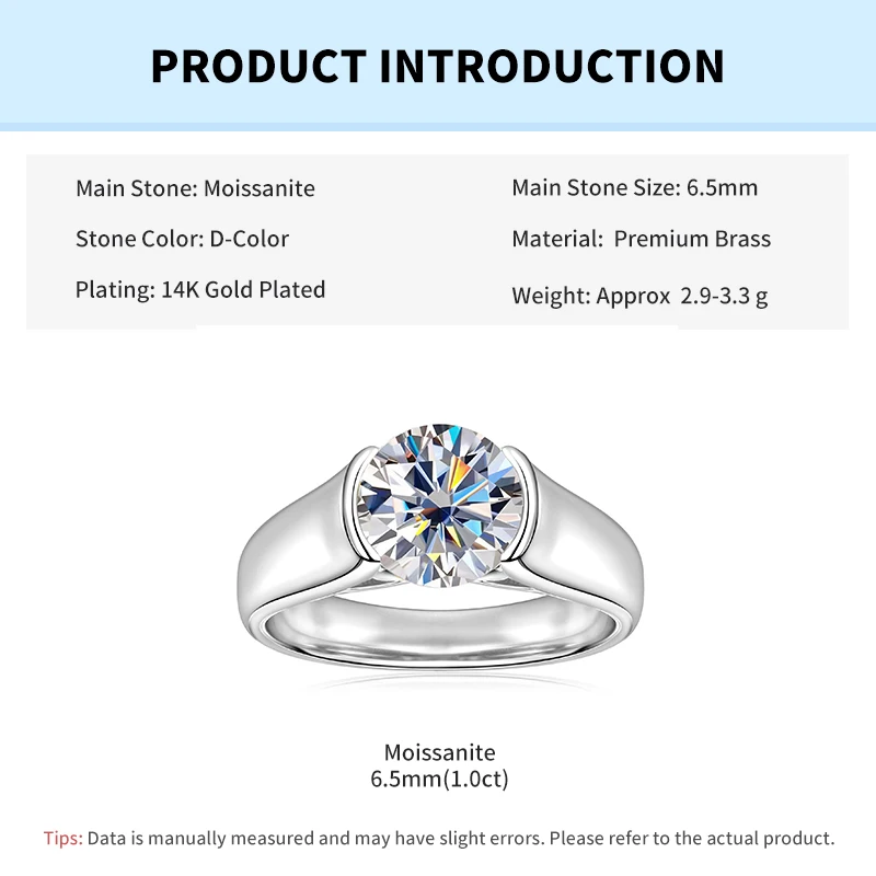 Rrjzz 6,5 mm Solitär-Ring mit rundem Schliff und D-Farbe, Moissanit-Verlobungsring, funkelnder Versprechen-Ehering für Frauen, GRA-Schmuckgeschenke – Detail 1