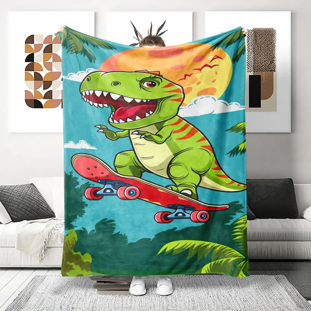 Cute Dinosaur Skateboard Throw Blanket Nursery Decor Jungle Theme Cartoon Bed Cover Kids Room Gift For Boys Girls Tropical Style
