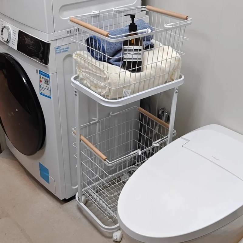 2 Layers Laundry Hamper Mobile Bathroom Storage Shelf High-Capacity Dirty Clothes Basket Stylish Home Sorting Bin with Handles