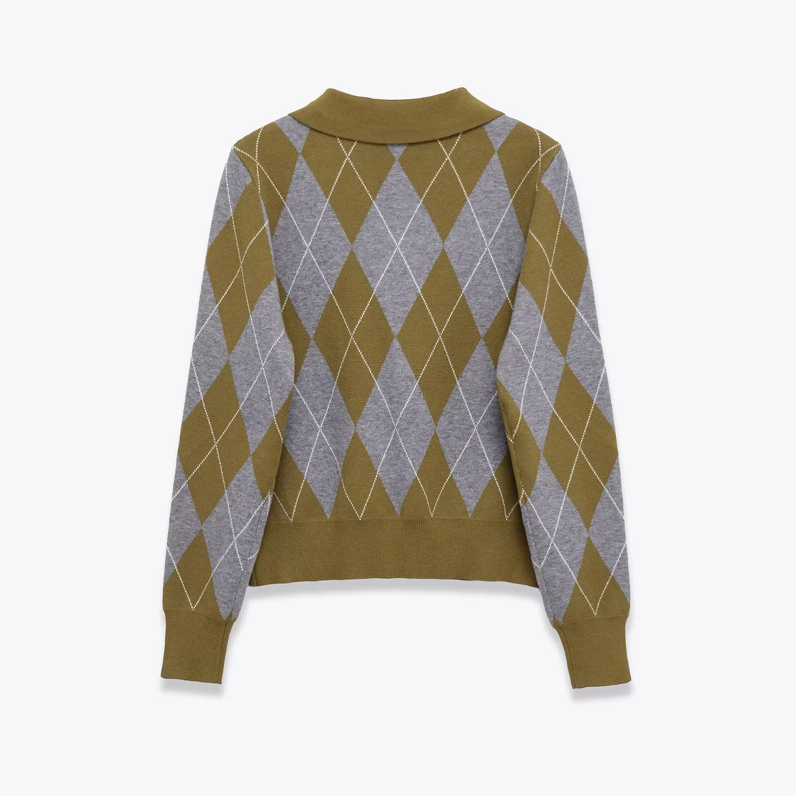 2025 Winter New Women's Casual Fashionable Simple Elegant Polo Collar Long Sleeve Diamond Pattern Knit Top