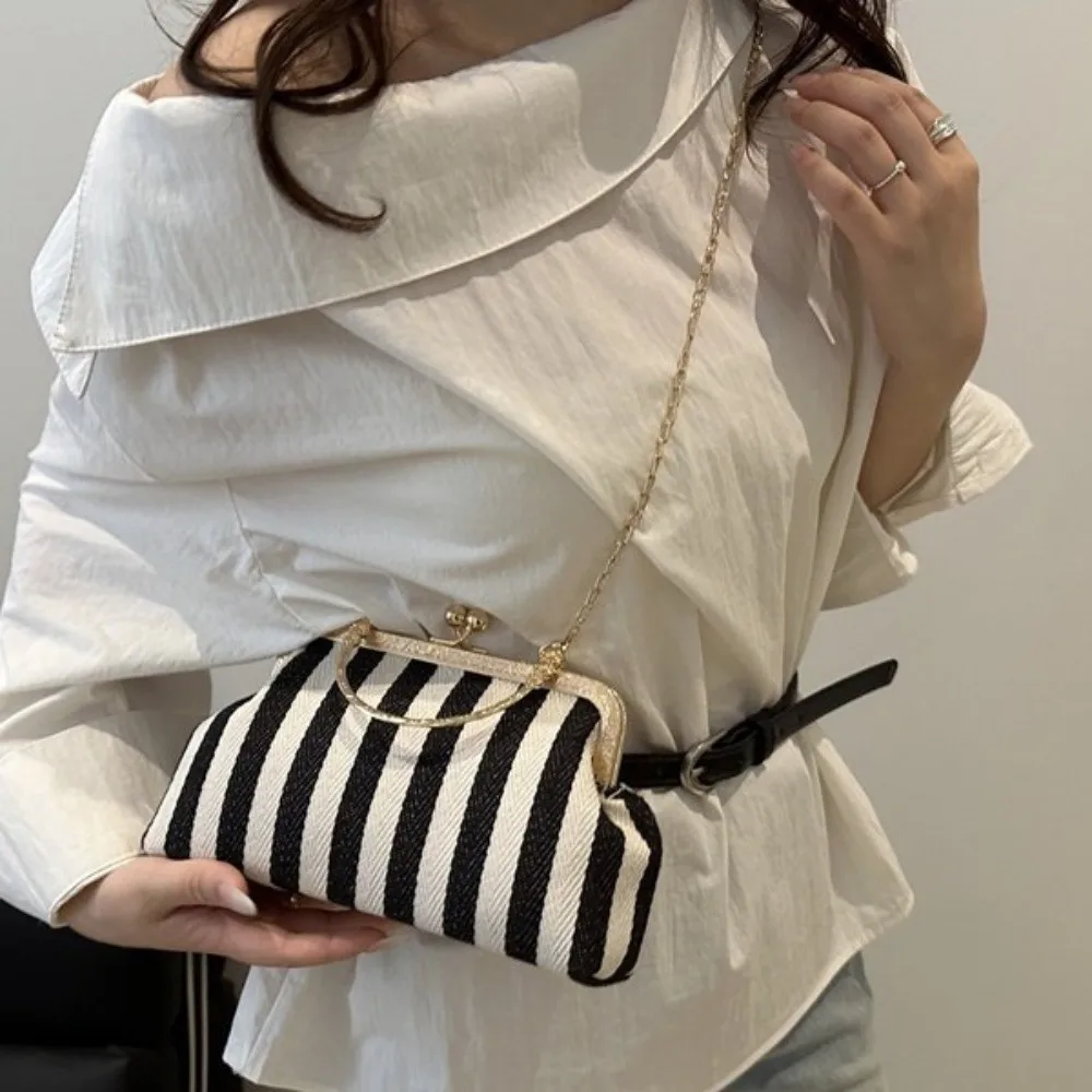 

Retro Kiss Lock Shoulder Bags Chain Minimalist Design Striped Crossbody Bag Popular Design Contrast Color Handbags Daily Use