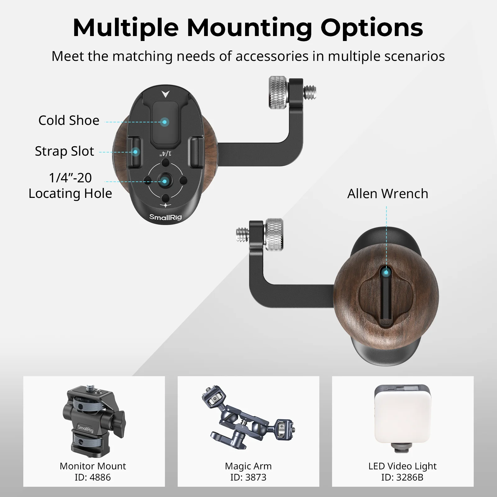 مقبض جانبي خشبي صغير الحجم مع مسامير 1/4 بوصة - 20، قبضة للأقفاص أو ألواح التركيب، مع حذاء بارد لأذرع شاشة الميكروفونات -5237