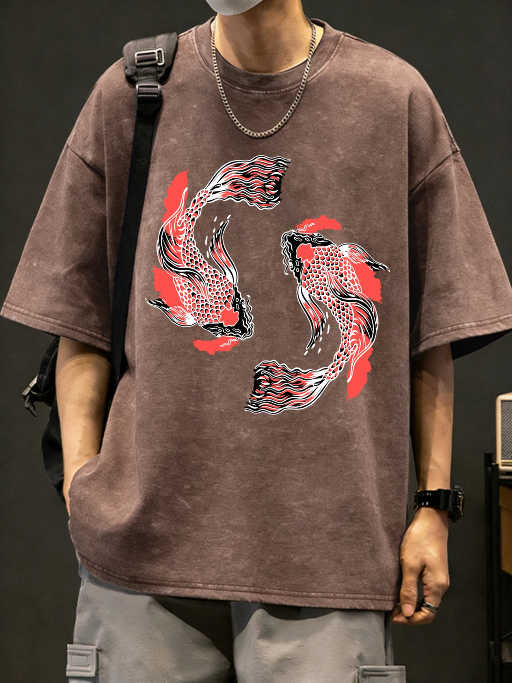 Japanese Harajuku Soaring Koi Printed Men Clothes All-Match Soft Washed T-Shirts Cotton Loose T-Shirt Summer Casual T Shirt
