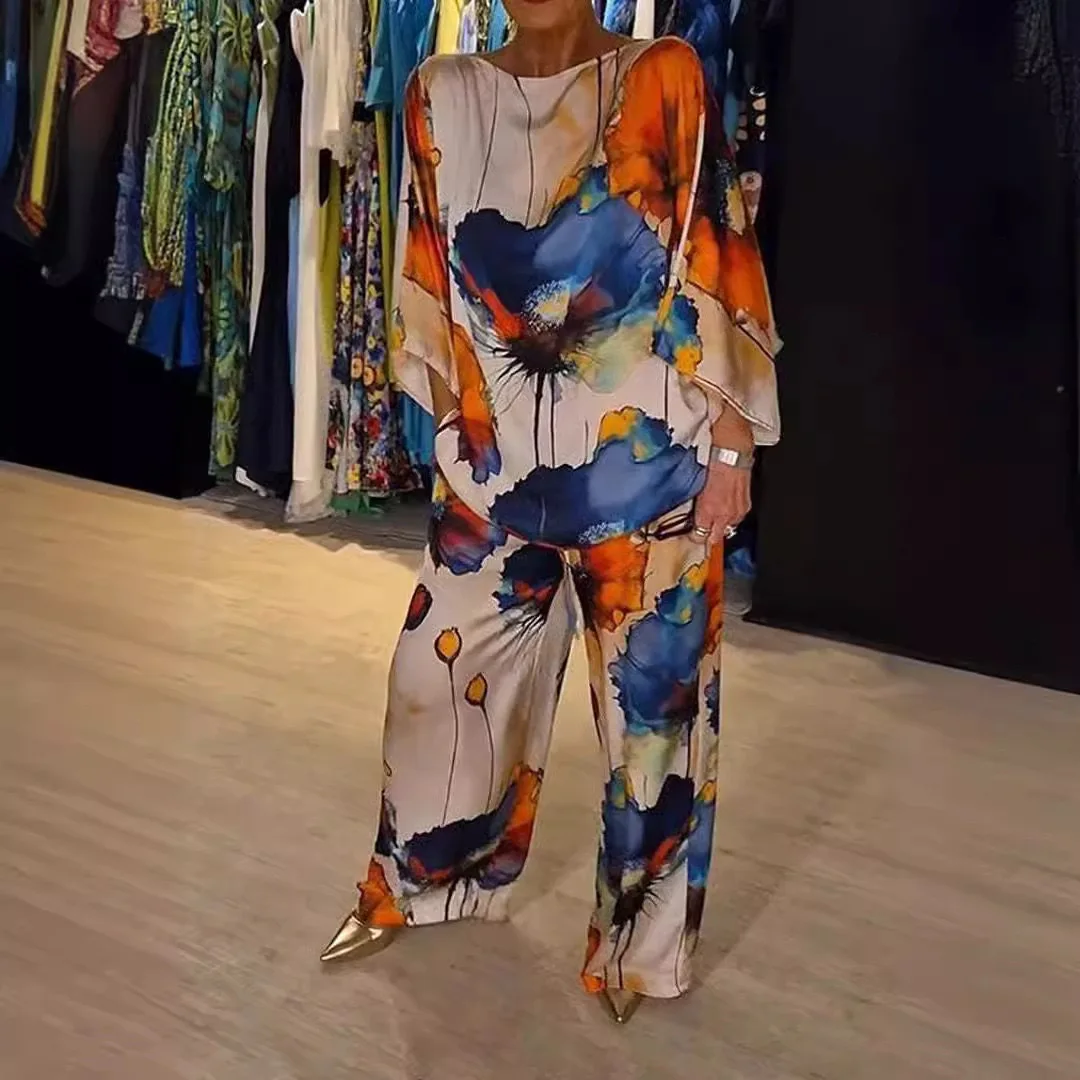 Lente Herfst Vrouwen Top Shirt 2-delige set Nieuwe mode Slash Hals Lange mouw Elegante print Pak Dame Office Party Holiday Sets