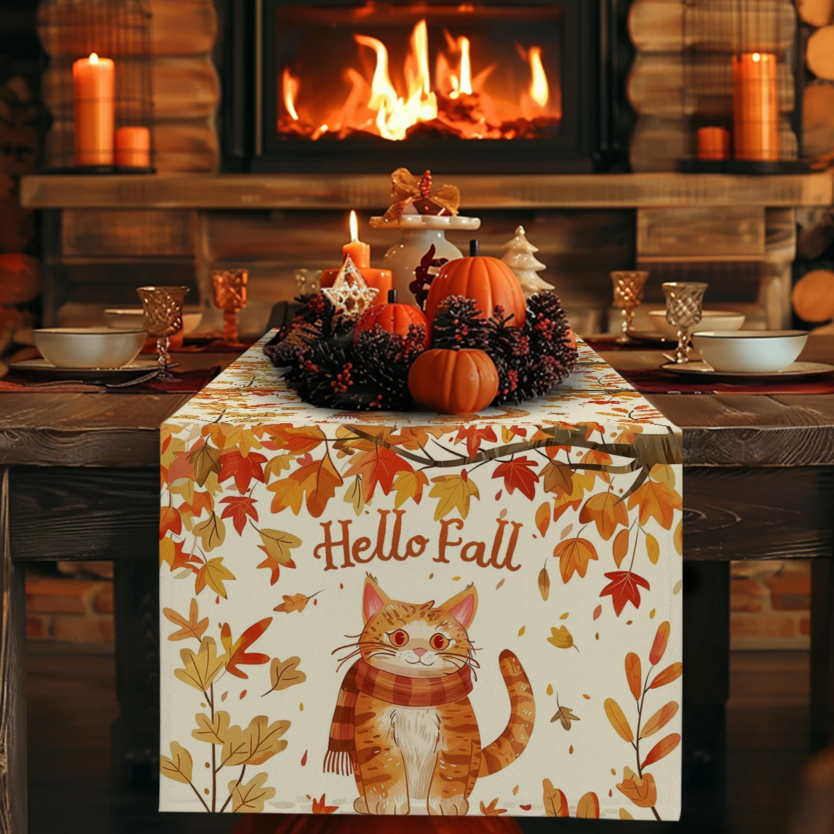 Autumn Cartoon Cat Branches Leaves Table Runners Kitchen Table Decoration Washable Dining Table Runner Wedding Party Decorations