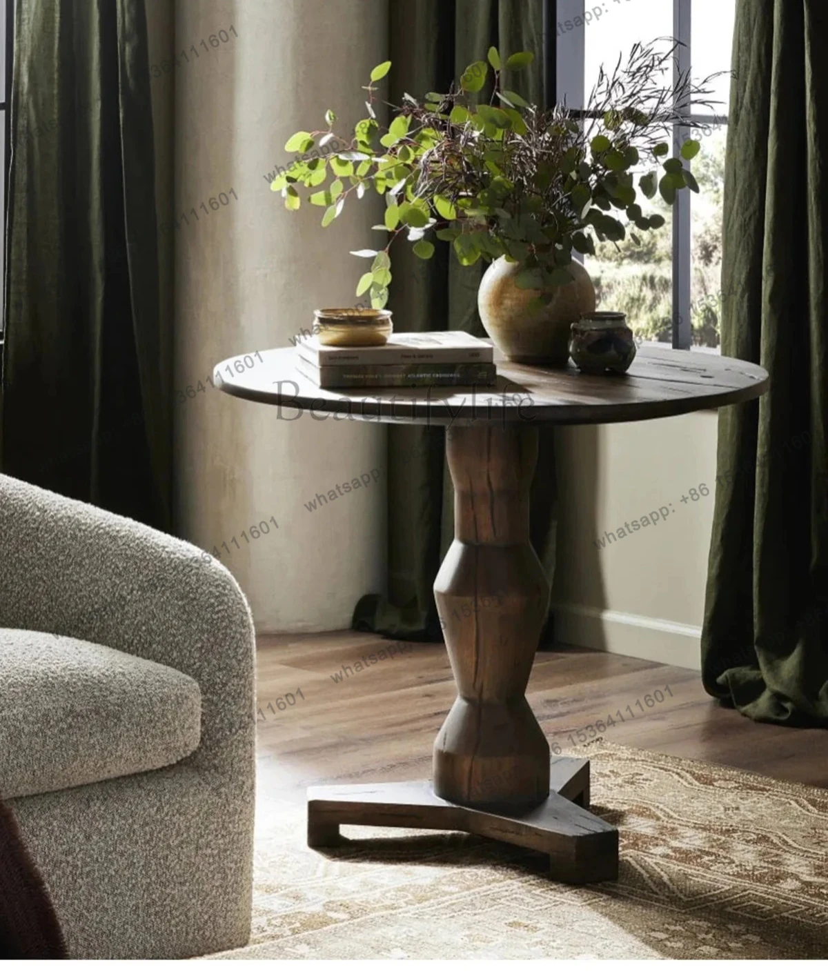 

French creative old living room retro small round table sofa side table solid wood tea table