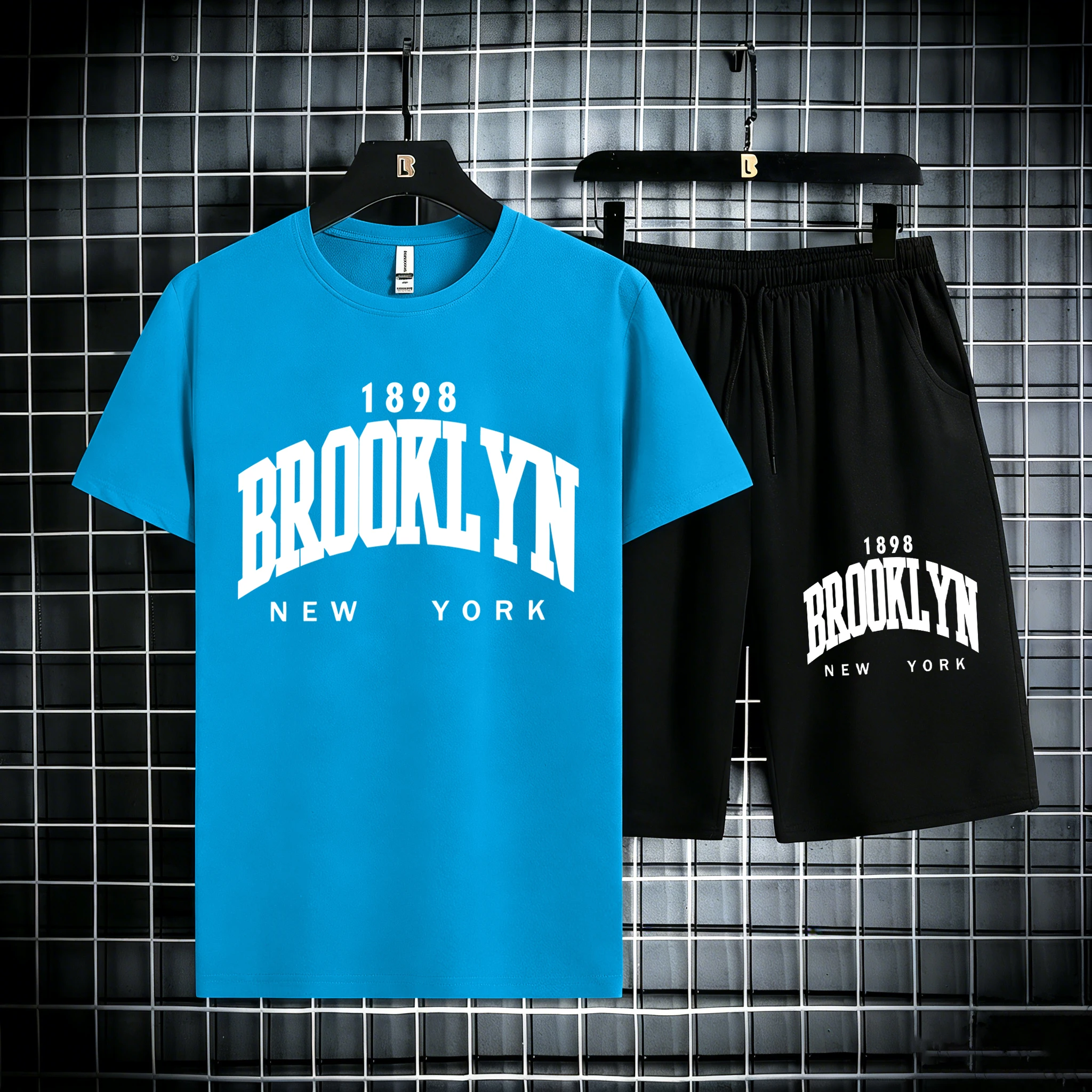 

Brooklyn New York Letter Design Men Cotton Summer Loose Sportswear Suit Oversize Daily Shorts Street Gym T-Shirt Running Clothes