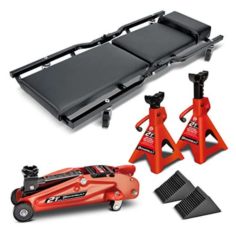 

6 Piece Car Jack and Garage Creeper Service Set with 2 Ton Vehicle Lift Jackstands Folding Creeper Wheel Chocks Comprehensive C
