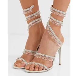 Sandalias con borlas colgantes de cristal para mujer, tacones altos de aguja en espiral de serpiente Sexy, sandalias de Gladiador, zapatos de fiesta de boda de verano