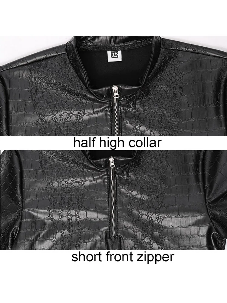 Gothic Half High Collar Croco Prints Elastic PU Leather Tshirt Long Sleeve Zip T Shirts Men Tight Motorcycle Tops Hot Shaper