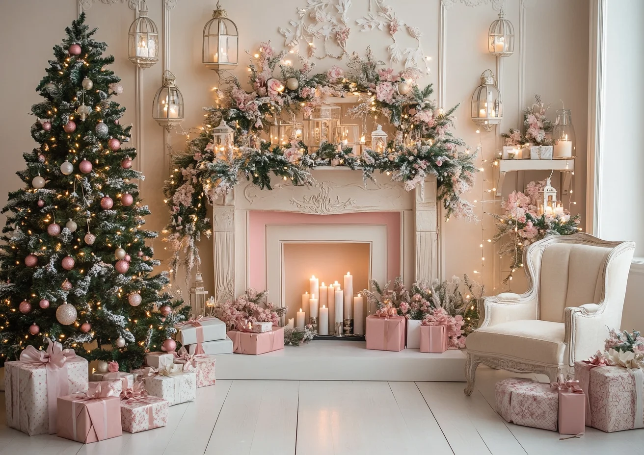 Mocsicka 화이트 크리스마스 사진 배경 소나무 아치 창문 커튼 장식 새해 배경 스튜디오 액세서리