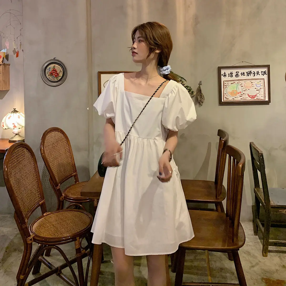 Y2K k-mode Harajuku col carré mi robe hauts t-shirts femmes ample à manches courtes robes de soirée mince jupe courte femme vêtements