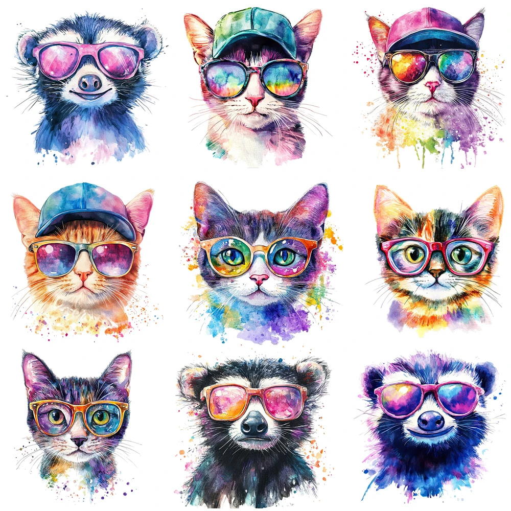 15cm Kids Colorful Cool Cat Weasel Iron On DTF Heat Transfer Sticker Diy T-shirt Iron On Transfer Patches For Clothes Decals