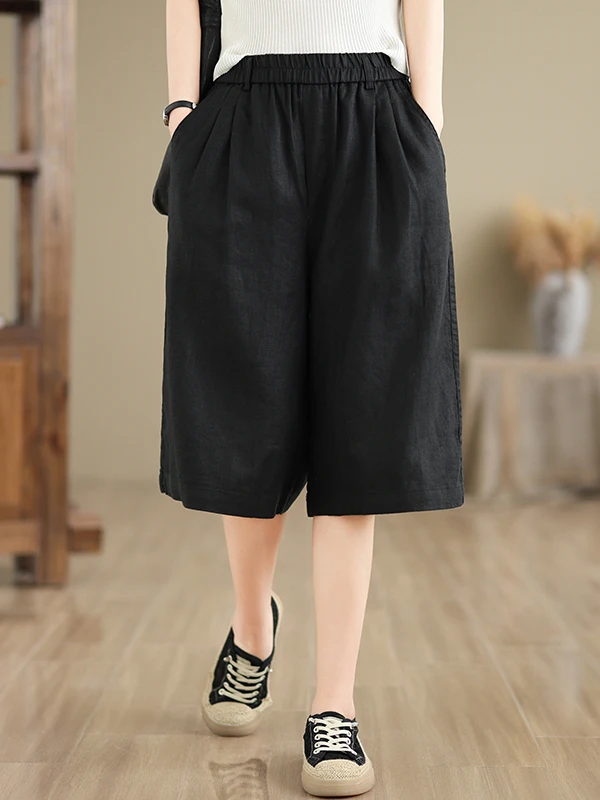 Effet minceur pur coton taille élastique ample décontracté orts Faionable cinq-quarts pantalon jambe large pantalon mi-long