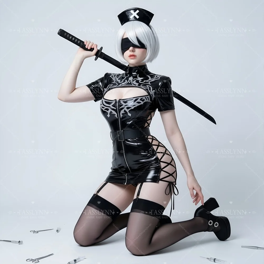 

Nier Automata 2b Nurse Cosplay Women PU Leather Mini Dress with Headwear Black Gothic Nurse Cosplay Costume