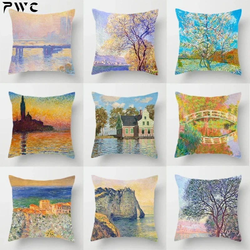 

Claude Monet Polyester Printing Cushion Cover Sofa Landscape World Famous Oil Painting Throw Decorative Pillow Case Home Decor