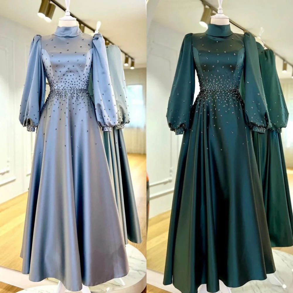 Jiayigong    Satin Sequined Ruched Celebrity A-line High Collar Bespoke Occasion Gown Midi es Saudi Arabia Evening