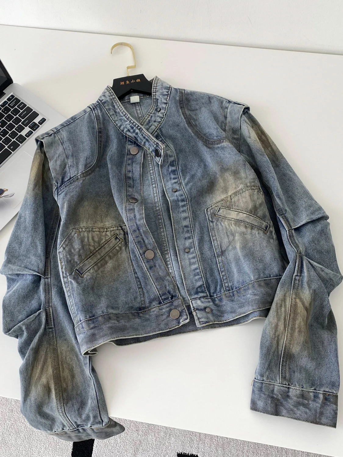 

Retro Workwear Sle ort Denim Jaet Women's Autumn Vintage Street Faion Casual Loose Fit Long Sve Pure Color Top