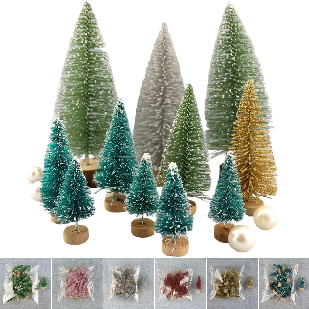 

12/24pcs Artificial Christmas Trees Desktop Decoration Wood Base DIY Crafts Sisal Mini Pine Xmas Decoration Árboles De Navidad