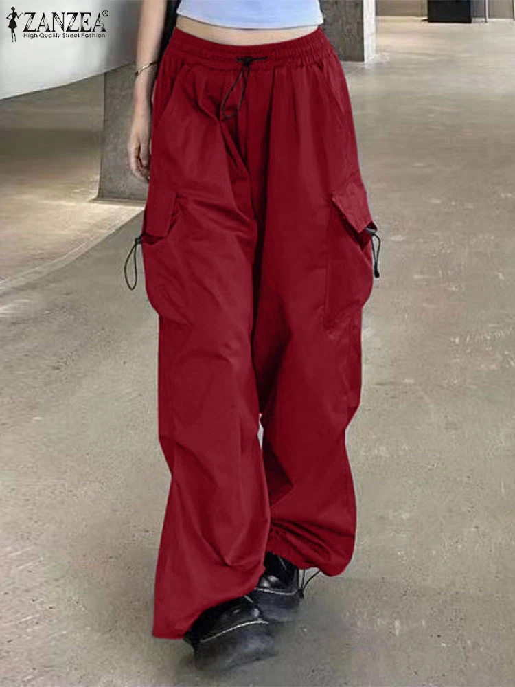 

ZANZEA Casual Women Pants 2025 Pockets Workwear Solid Color Loose Pleated Elastic Waist Long Cargo Pants High Street Bottoms