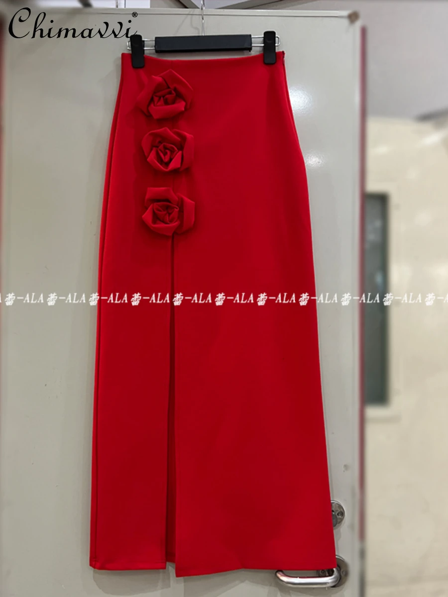 2024 Spring and Summer New Fashion Flower High Waist Slit Skirt European Station Commuter Elegant Mid-Length Women's Skirt